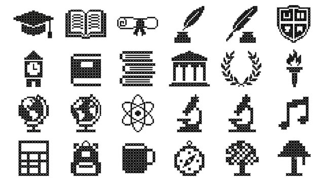 Collection of Pixel Art Icons Representing Education and Learning, Featuring Symbols of Knowledge and Academia