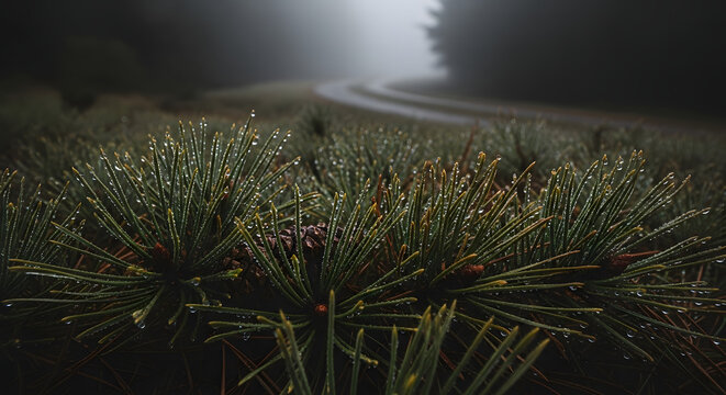 A moody, atmospheric shot of pine needles heavy with condensation
