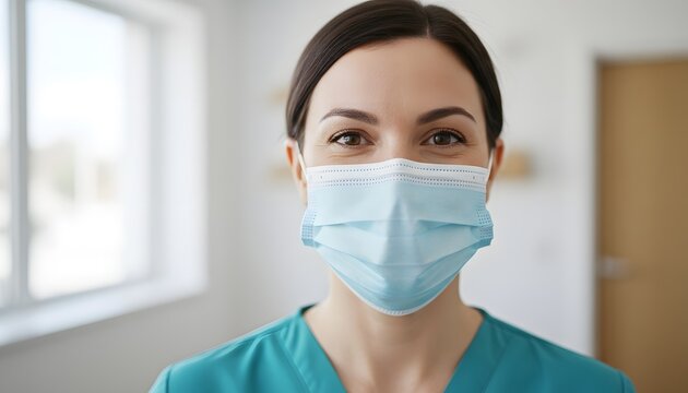 Portrait of a female nurse smiling behind a mask in a medical clinic for International Nurses Day concept, representing healthcare professional appreciation and safety