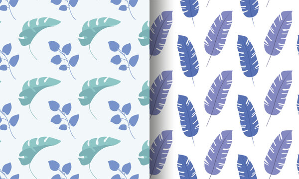 Two adjacent seamless botanical patterns, one with teal and blue monstera-style leaves on pastel background, the other with elongated blue-purple vein leaves on white, decorative design for textiles