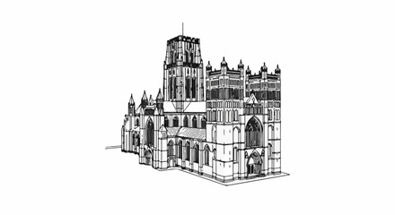 Obraz premium Intricate line drawing of a large Gothic cathedral with a tall central tower