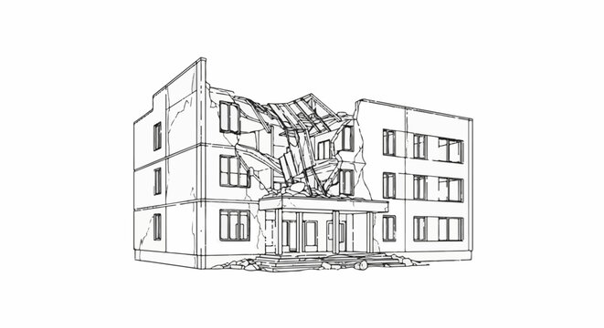 Line art illustration of a damaged, multi-story building with a collapsed roof