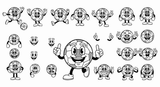Cartoon soccer balls with various happy emotions and actions, black and white