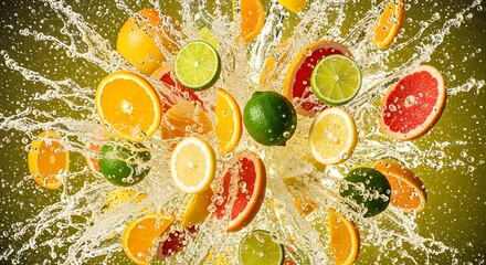 Dynamic Splash of Sliced Citrus Fruits with Juice Droplets