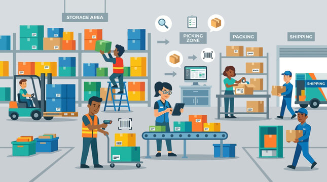 Workers in a busy warehouse environment.