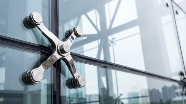 Glass facade detail with metal spider fitting connector. Modern skyscraper exterior structure and building cladding. Contemporary architecture, urban construction style and city background.