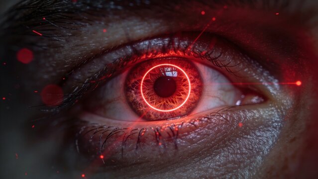 Close up of a futuristic cyborg eye with a glowing red iris and digital interface.