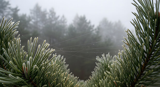 Close-up of pine needles covered in icy dew and light mist