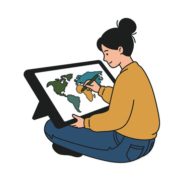 Girl drawing world map on tablet for geography learning