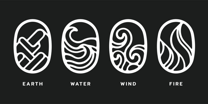 Four nature basic elements - Earth, water, wind and fire symbols with abstract smooth line and curve in oval shape on black background vector design
