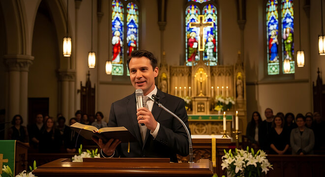 Male preacher delivering powerful sermon holding holy bible and microphone during solemn Easter Sunday worship service inside traditional religious sanctuary or church environment auditorium.