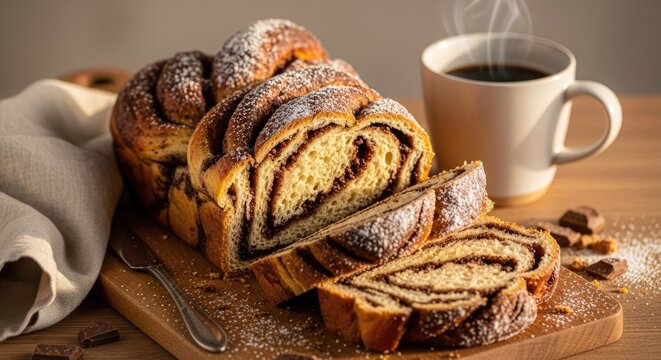 Deliciously swirled chocolate babka bread dusted with powdered sugar sits next to a steaming mug of coffee on a