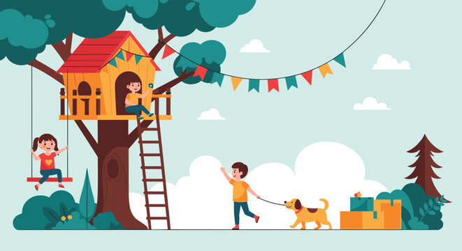 Kids playing in a wooden treehouse with a ladder and a swing while a boy walks his dog nearby in a cheerful outdoor backyard park setting.