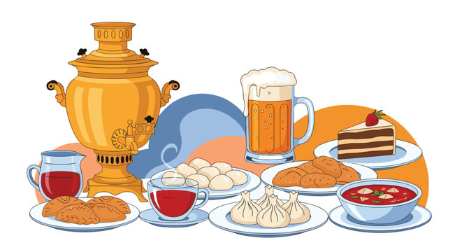 Traditional Russian tea set with a golden samovar, tea, beer, dumplings, cake, and red soup arranged on a table for a festive celebration feast.