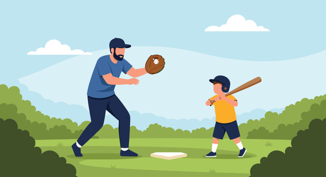 Father teaching his young son how to play baseball in a green field with trees under a blue sky, capturing a beautiful family bonding moment.