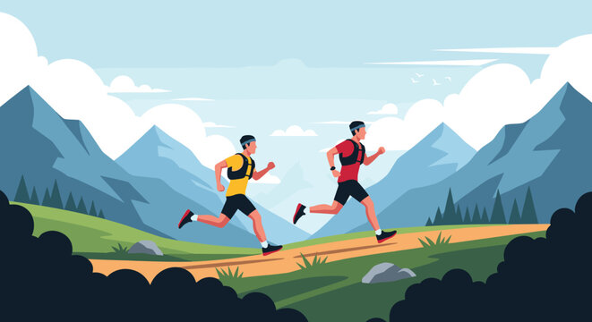 Two athletic men enjoying a vigorous trail run through a beautiful mountain landscape with green fields and blue sky.