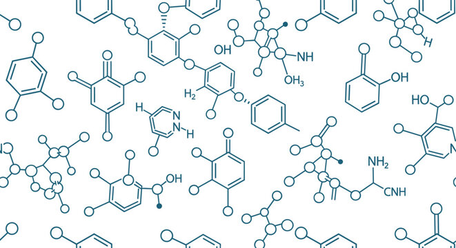 Detailed seamless pattern featuring various complex chemical formulas and molecular structures on a white background.