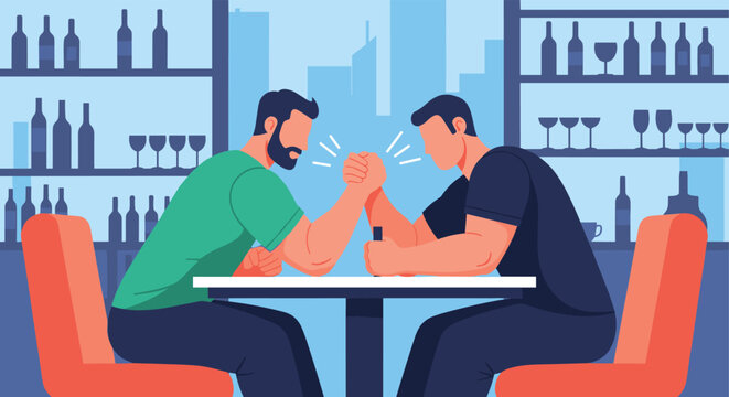 Two strong men engaged in an intense arm wrestling match at a table inside a bar with shelves of various bottles in the back.
