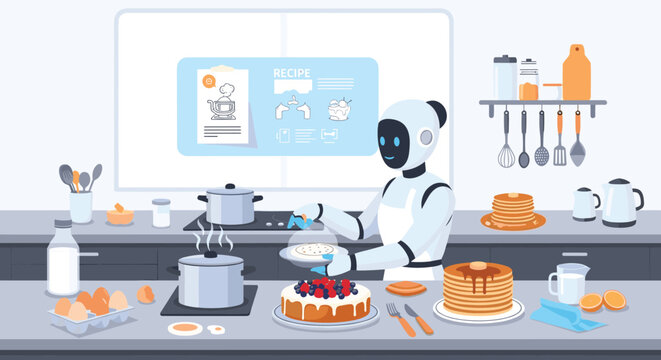Advanced robot chef efficiently preparing various delicious meals and desserts in a modern well equipped commercial kitchen.
