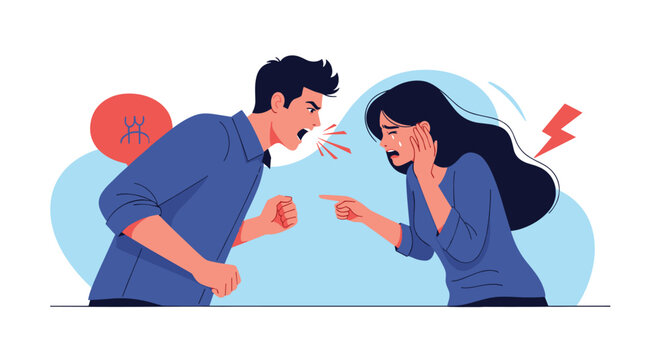 Intense emotional scene depicting a man shouting at a distressed woman during a heated argument or relationship conflict.