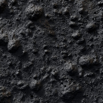Seamless Volcanic Black Basalt Rock Surface Texture Background with Crystalline Mineral Grain and Vesicular Cavities in Dark Charcoal Tones, Geology Nature Stock Image