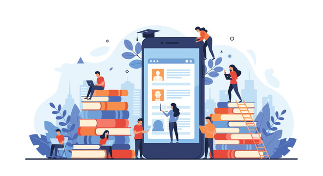 Group of students using a giant smartphone and stacks of books to engage in modern digital education and online learning activities.