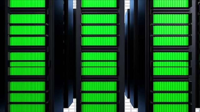 クラウドデータセンターのために緑色に点灯する黒いサーバーモノリス