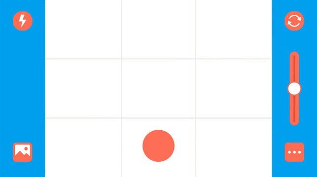 A digital camera interface displaying a grid overlay and a large red capture button in the center.