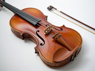 Fototapeta premium Wooden violin and bow resting on white background