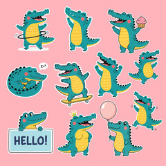 Naklejka premium Cute Kawaii Crocodile Doodle Sticker Collection with Fun Poses