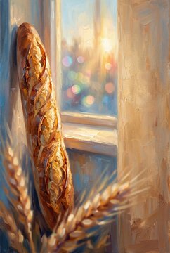 Generated AI set photos: Golden Baguette and Sunlit Wheat Fields A Masterpiece of Warmth and Rustic Charm