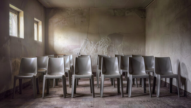 Empty Plastic Chairs in Abandoned Room