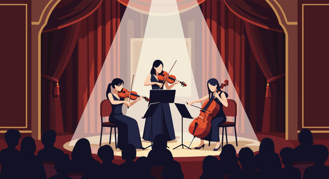 Classical music ensemble of three women playing violin and cello on a stage under spotlights during a live concert.