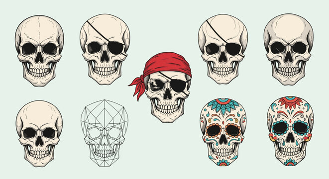 Collection of stylized human skulls in various artistic designs including pirate, sugar skull, and wireframe styles.