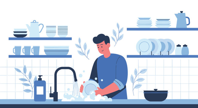 Happy man in a blue shirt doing household chores by washing dishes in a bright, modern, and organized kitchen with shelves.