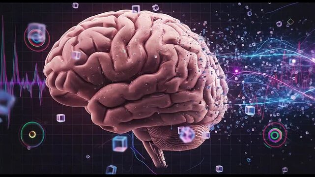 Digital human brain dissolving into cubes with medical data waves