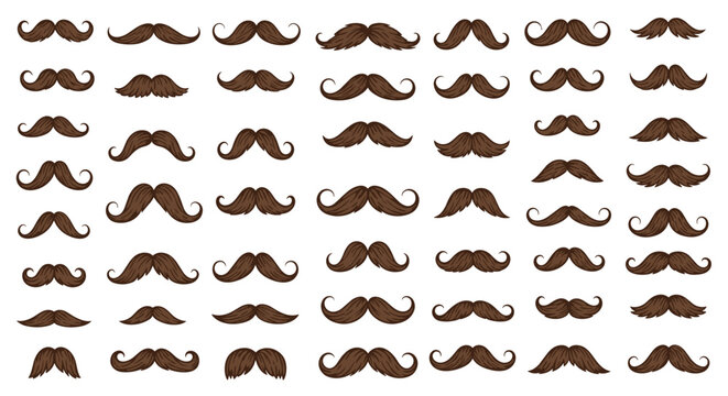 Extensive collection of various mustache styles for men displayed in a grid pattern to show different facial hair grooming options.