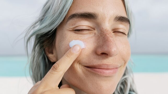 Close up portrait of attractive woman applying sunscreen on face at beach. Sun protection, SPF skincare and UV safety concept. Healthy glowing skin, summer lifestyle, outdoor beauty.
