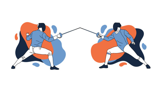 Two fencers in professional white uniforms and masks engaging in a competitive fencing match with foils against an abstract background.