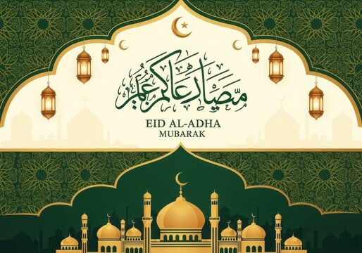 Eid Al-Adha celebration with mosque illustration and lanterns