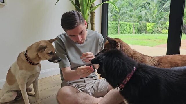 Man sitting on floor feeding three dogs with treats at home, pet owner training multiple dogs indoors, interaction and obedience behavior, domestic animals gathering around human during feeding time