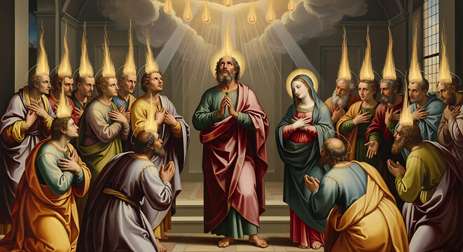 Biblical scene of the Pentecost miracle showing the Descent of the Holy Spirit with divine tongues of fire flickering over the heads of praying apostles and disciples in a sacred upper room.