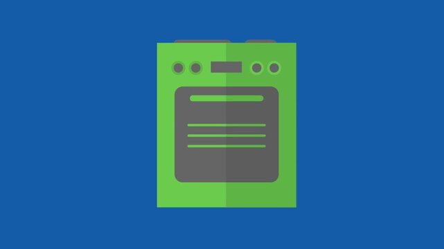 Flat green kitchen stove oven icon animation on blue background for cooking videos