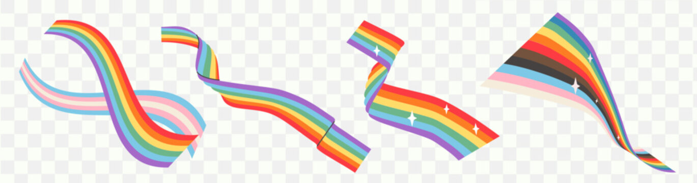 Inclusive Progress Pride rainbow ribbons set with sparkles. Isolated wavy flag streamers, flexible liquid 2D vector elements for 2026 LGBTQ intersectional branding and queer event design. Vector.
