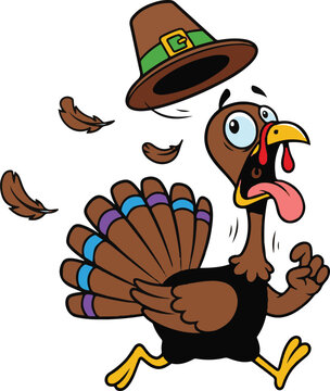 Funny Running Turkey Character with Pilgrim Hat Vector Illustration