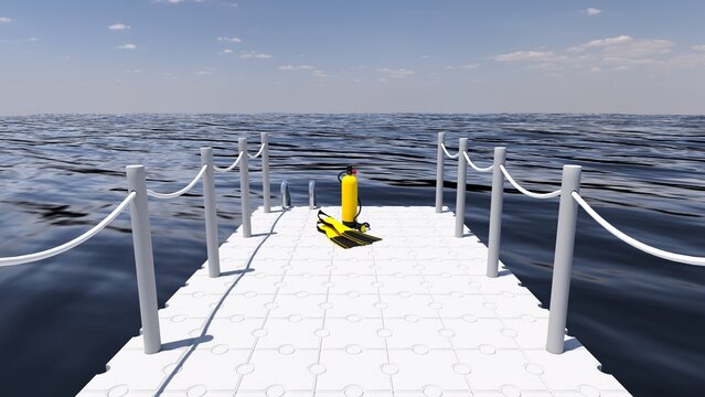 scuba tank and fins placed on a floating pontoon - 3D rendering