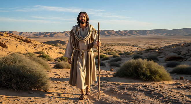 Spiritual depiction of Jesus Christ wandering through a vast sun-drenched sandy desert landscape wearing a traditional white tunic robe during a contemplative religious pilgrimage journey alone