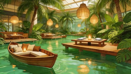Obraz premium Tropical indoor dining area with boat and pool