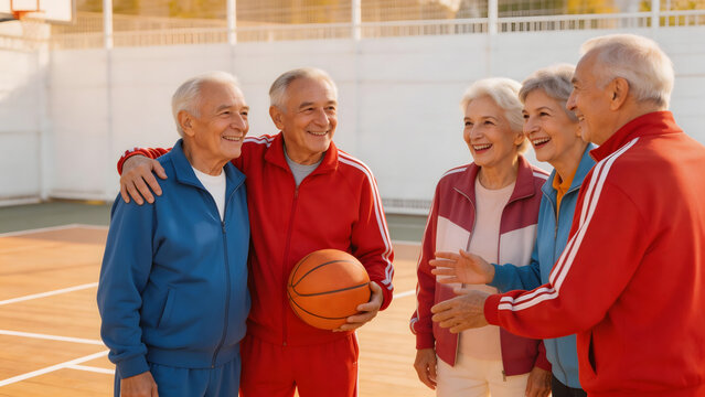 Elderly people playing basketball