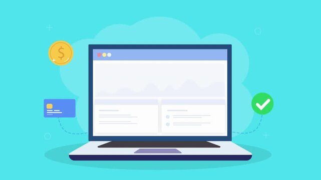 Animated laptop displaying payment approval dashboard with currency, payment card, and confirmation checkmark elements in clean flat design on teal background.